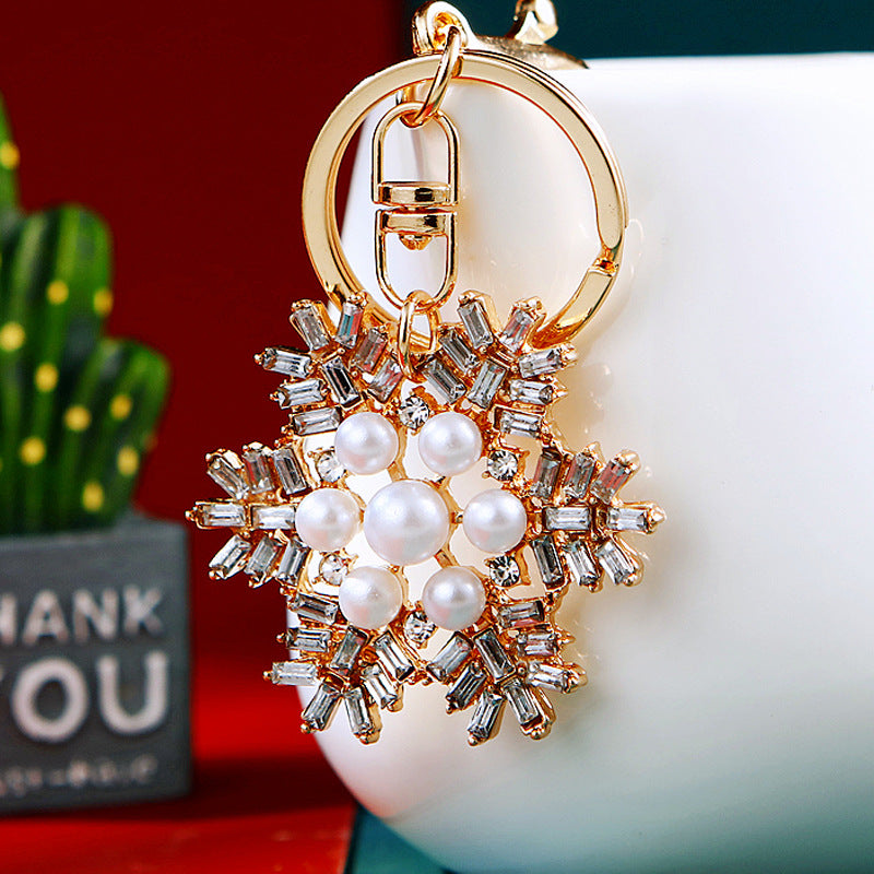 Wholesale Diamond Inlaid Christmas Snowflake Pearl Metal Keychain